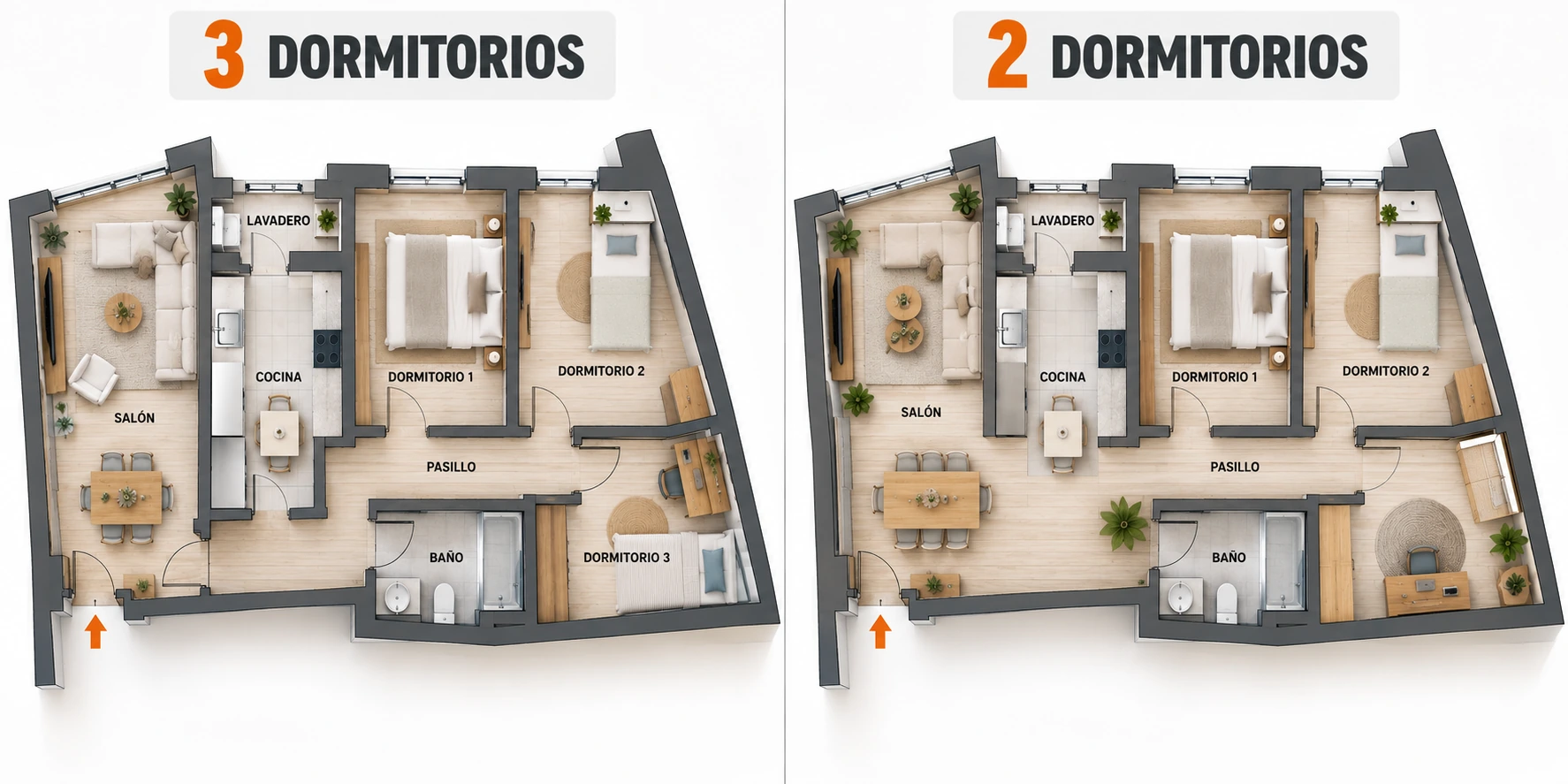 Distribución piso 80 m2 dos o tres dormitorios