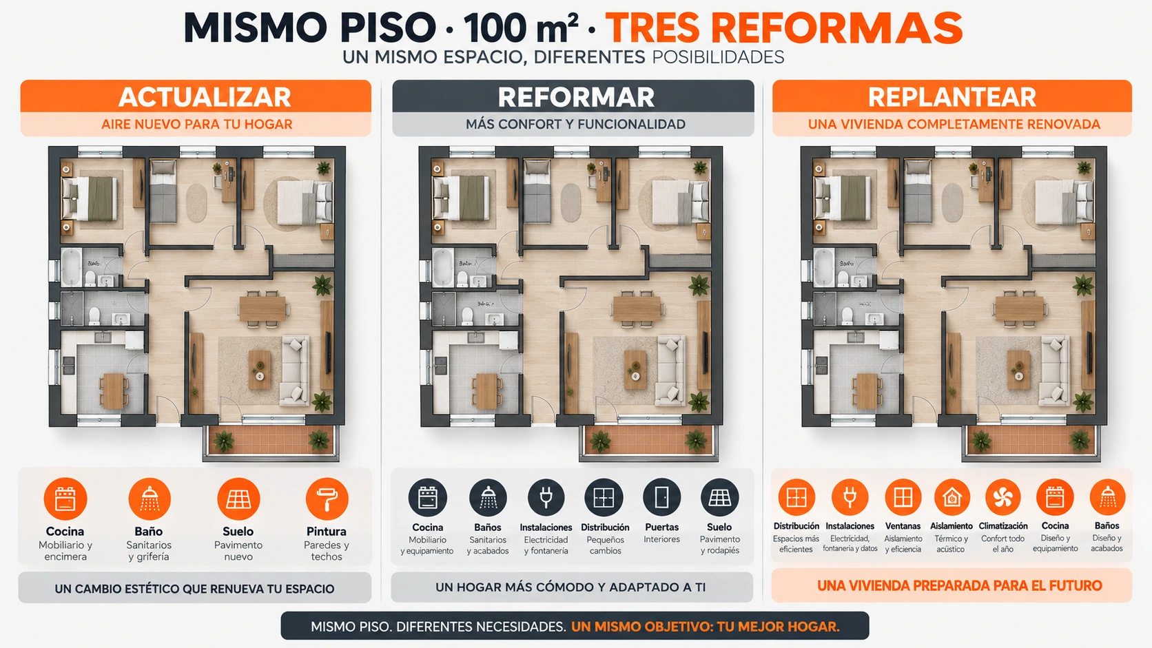 Tres niveles de reforma para piso de 100 m2