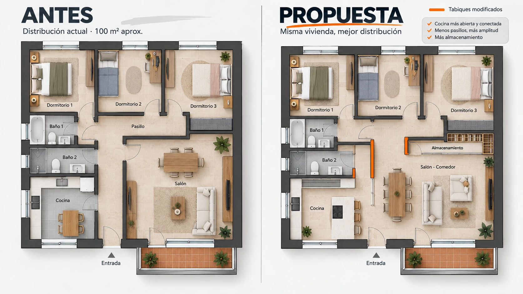 Redistribución de piso de 100 m2 durante reforma integral