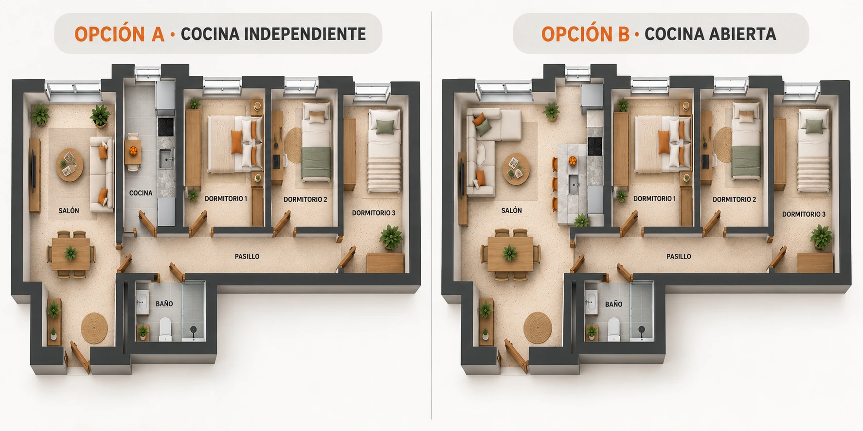 Opciones de distribución para reformar un piso de 70 m2
