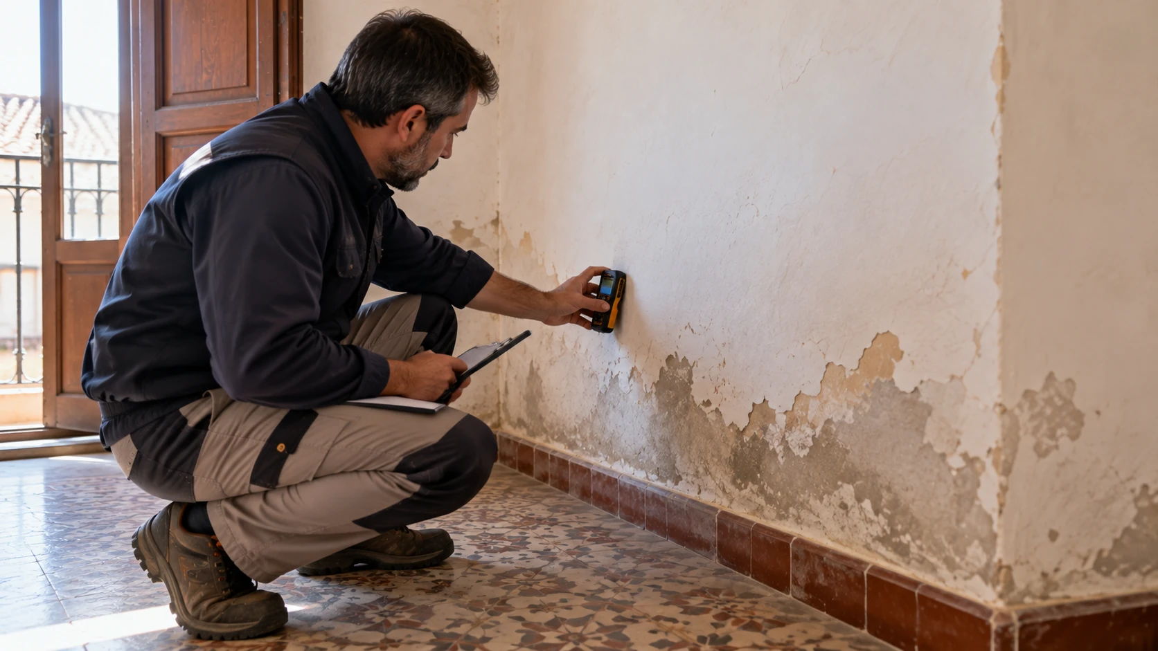 Humedad en pared de casa antigua antes de reformar