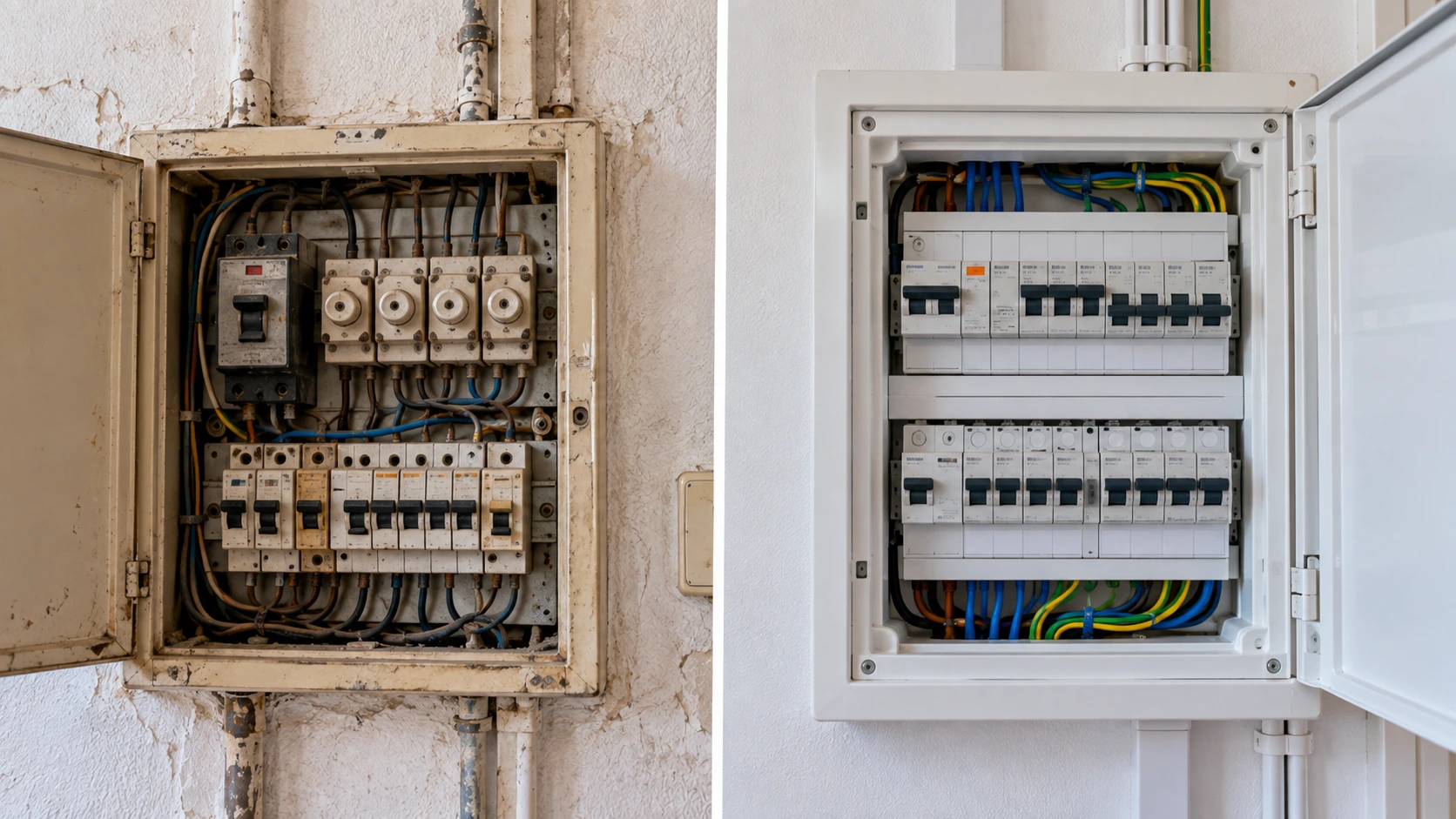 Cuadro eléctrico antiguo y cuadro eléctrico moderno vivienda