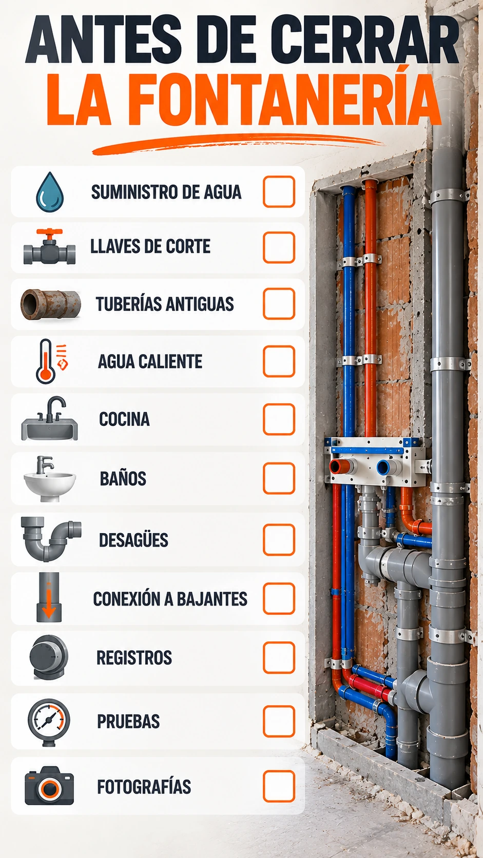Checklist fontanería antes de cerrar paredes