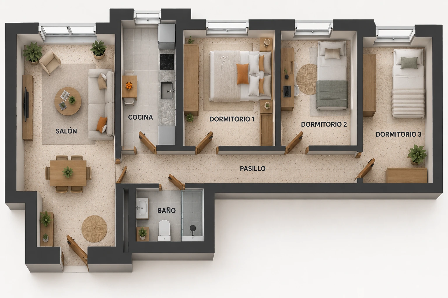 Distribución de un piso de 70 m2 antes de reformar